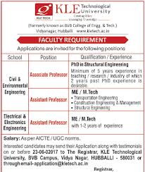 Kle technological university (kle tech), earlier known as b. K L E Technological University Hubballi Wanted Teaching Faculty Faculty Teachers