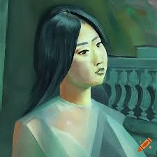 Half asian young woman grey hair wearing translucent short dress with an  artist by balustrade at dusk painting by expressionist otto mueller