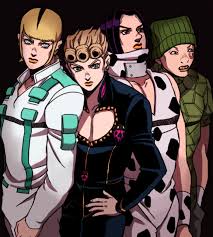 Safebooru 4boys Black Eyes Black Hair Blonde Hair Brothers Cow Print Donatello Versace Facial Mark Giorno Giovanna In 2020 Jojo Bizarre Jojo S Bizarre Adventure Jojo