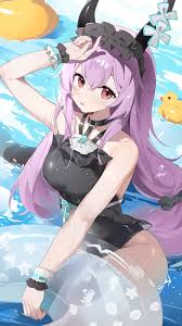 teketi, typhon (arknights), arknights, absurdres, highres, 1girl, arm up,  black hairband, black horns, black one-piece swimsuit, breasts, hairband,  holding, holding swim ring, horns, innertube, large breasts, long hair,  looking at viewer, one-piece