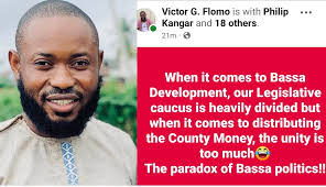 𝐁𝐚𝐬𝐬𝐚 𝐋𝐚𝐰𝐦𝐚𝐤𝐞𝐫𝐬 𝐔𝐧𝐢𝐭𝐞𝐝 𝐭𝐨 𝐒𝐡𝐚𝐫𝐞 𝐂𝐨𝐮𝐧𝐭𝐲  𝐌𝐨𝐧𝐞𝐲, 𝐁𝐮𝐭 𝐃𝐢𝐯𝐢𝐝𝐞𝐝 𝐨𝐧 𝐃𝐞𝐯𝐞𝐥𝐨𝐩𝐦𝐞𝐧𝐭',  𝐕𝐢𝐜𝐭𝐨𝐫 𝐅𝐥𝐨𝐦𝐨 𝐀𝐜𝐜𝐮𝐬𝐞𝐬 𝐁𝐚𝐬𝐬𝐚 𝐋𝐞𝐚𝐝𝐞𝐫𝐬 𝑩𝒚:  𝑨𝒃𝒍𝒆𝒆𝒋𝒂𝒚 𝑺𝒕𝒂𝒇𝒇 Grand Bassa ...