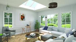 Basement living room with skylight. Natural Light Skylights With Blinds For Living Room Remodel