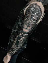 Black And Grey Lion And Skull Sleeve Tattoo Sleeve Men Skull Sleeve Realistic Tattoo Sleeve