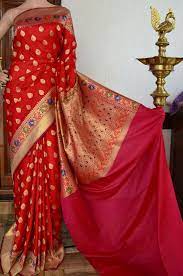 Red Semi Banarasi Saree With Meena Flower Motif On Zari Pink Border With Rich Pallu And Pink Plain Blouse Code M0518vb17 Clothes For Women Saree Saree Wedding