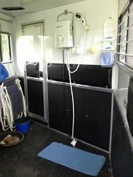 My Cowboy Shower In First Stall Of The 3 Horse Trailer Just Move Your Junk Out Of The Horse Trailer Living Quarters Horse Trailer Organization Horse Trailers