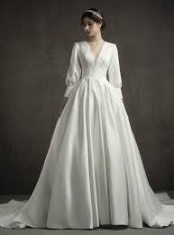 White Satin Deep V Neck Long Sleeve Wedding Dress With Train Wedding Dress Long Sleeve Wedding Dresses Satin Wedding Dress Ballgown