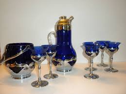 Farber Bros Cobalt Blue Cocktail Shaker W Ice Bucket and 6 Martini Glasses.  Very Rare!
