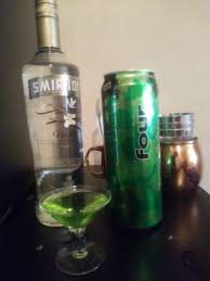 The Not So Fancy Bulbasaur Shot Made With Vanilla Vodka And Sour Apple Four Loko Yum Vanilla Vodka Vodka Red Bull