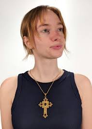 Gilt Sterling Silver Filigree Wire and Garnet Gemstone Pendant Cross