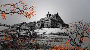 Black And White Picture With Color Accents Color Autumn Barn Country Drawing Fall Fence Trees Widescreen Black And White Sketches Black And White Pictures Nature Photography