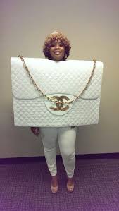 Chanel Purse Costume Made From A Tv Box White Quited Fabric Plastic Link Chain Spray Painted Gold And Metallic Craft Pap Chanel Purse Loofah Costume Diy Purse