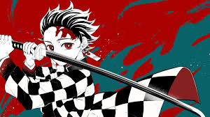 Take screenshot with share button. Demon Slayer Tanjirou Kamado Wearing Black And White Checked Dress With Red Eyes Having Sword With Background Of Red And Green 4k 8k Hd Anime Wallpapers Hd Wallpapers Id 40103