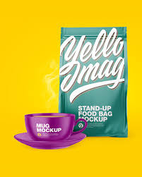 Download Matte Stand Up Bag With Matte Coffee Mug Mockup In Bag Sack Mockups On Yellow Images Object Mockups