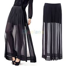 Womens See Through Dress Sheer Side Split Pleated Chiffon Maxi Long Skirt Black Black Chiffon Skirt Long Maxi Skirts Black Skirt Long