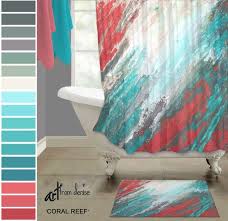 Teal And Coral Shower Curtain And Bath Rug Sets Turquoise Etsy In 2020 Teal Bathroom Decor Coral Shower Curtains Aqua Bathroom Decor