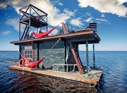 Homemade Multi Deck Raft With Fully Functional Sauna On Board Floating House Sauna Diy Tiny House Cabin