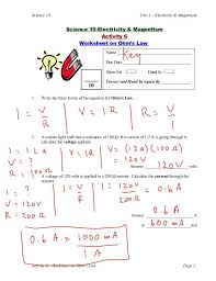 Science 10 Unit 1 Electricity Magnetismscience 10 Electricity Magnetismactivity 6worksheet On Ohm S Law1 Write Engenharia