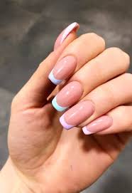 These nails are short and have a square shape. Pastel Tip French Nails Nails French Tip Acrylic Nails Basic Nails Short Acrylic Nails Designs