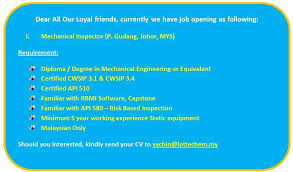 Oil Gas Vacancies Mechanical Inspector Lotte Chemical Titan Johor