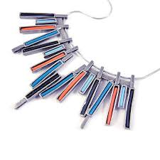 Modernist Pewter Stacks Necklace Rectangular Blue Orange Stacked Necklaces Artistic Jewelry Unique Gifts For Her