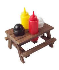 This Handy Condiment Set Is In The Shape Of A Wooden Picnic Table With Traditional Ketchup Mustard Salt And Pepper Holder Condiment Sets Picnic Table Picnic