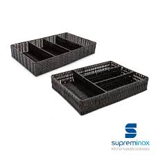 Four compartments are sized for flatware. Wicker Cutlery Tray 4 Compartments Black Supreminox
