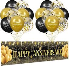 RUMIA Black Gold Happy Anniversary Yard Banner & 18pcs Latex Balloons for  Wedding Anniversary Party Decorations
