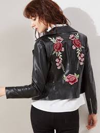 Black Faux Leather Embroidered Rose Applique Biker Jacket Only Us 51 00 Faux Leather Biker Jacket Vegan Leather Jacket Leather Jackets Women