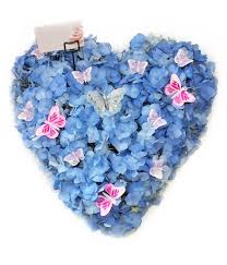 Red white and blue heart funeral tribute. Blue Hydrangeas Funeral Tribute