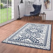 In Und Outdoor Teppich Flachgewebe Santorin Ethno Bordure Blau Creme