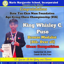 🎉 Congratulations, King Whisley C. Puso! 🎉 Your hard work, determination,  and strategic brilliance have paid off! 🏆 Dato' Tan Chin Nam Foundation  Age-Group Chess Championship (U16) Bronze Medalist 🥉 4th Place