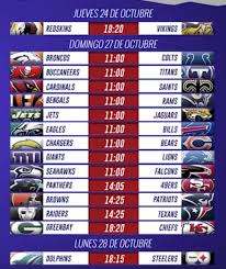 In week 18, two games will be played on saturday, one at 4:30 pm et and one at 8:15 pm et with the remainder to be played on sunday afternoon at 1:00 pm et and 4:25 pm et, and one matchup to be. Fechas Y Horarios De La Semana 8 De La Nfl As Mexico