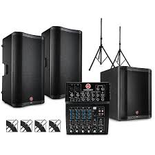 Harbinger Pa Package With L802 Mixer Vari V2300 Series Speakers V2318s Subwoofer Stands And Cables Music Arts