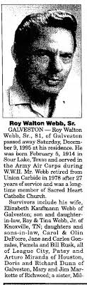 Obituary for Roy Walton Webb, 1914-1995 (Aged 81)