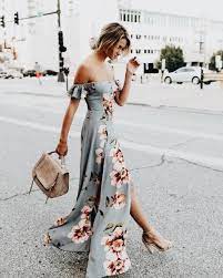 And Off The Shoulder Maxi Dress In A Light Pale Bluish Gray With Floral Print Looks Absolutely Go Wedding Guest Dress Summer Guest Dresses Wedding Guest Dress