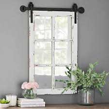 Farmhouse bathroom in charlotte, south carolina with a vanity from restoration hardware, white subway tile walls with contrasting grout and slate flooring. Rustic Antique White Farmhouse Mirror Kirklands