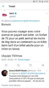 Pour rassurer les utilisateurs, la sncf l'assure : Sncf Su Twitter Nous Nous Excusons Pour La Mauvaise Information Donnee Avant Mais Les Conditions Generales De Vente Sont Claires Le Transport D Animaux Domestiques N Est Pas Autorise A Bord Des Trains Eligibles