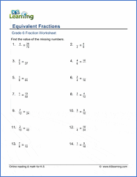 Equivalent fractions are fractions that represent the same quantity. Grade 6 Math Worksheets Equivalent Fractions K5 Learning