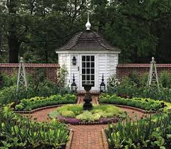 Classical Walled Potager Kitchen Garden With Potting Shed Brick Paths Center Placed Urn And Trellis Garden Layout Vegetable Garden Design Outdoor Gardens