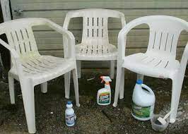 Allow the solution to sit on the chairs for about 15 minutes before spraying them down with a hose and drying them with a clean towel. A Short Break For A Household Tip On Cleaning White Resin Chairs We Ve Had Most Of Our Wh Plastic Patio Furniture White Plastic Chairs Outdoor Plastic Chairs