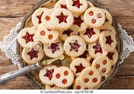 · red raspberry preserves or jam . Tasty Cookies Sandwich With Jam Traditional Austrian Pastries Linzer Close Up On A Plate Horizontal Top View Tasty Canstock