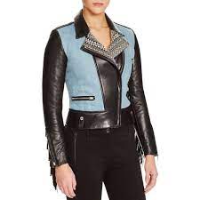 Barbara Bui Denim Inset Fringe Trim Leather Jacket Leather Jacket Fringe Leather Jacket Leather Jackets Women