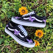 Black And Purple Butterfly Purple Butterfly Black Old Skool In 2020 Vans Shoes Fashion Butterfly Shoes Custom Nike Shoes