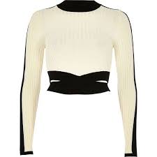 Black And White Crop Top Long Sleeve River Island Cream Ribbed Knit Wrap Crop Top 150 Brl Liked On Polyvore Featuring Black And White Shirt Turtleneck Long Sleeve Top Black And White Crop Tops