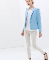 Image 1 Of Blazer With Gathered Shoulders From Zara With Blue Jeans And All Stars And A White Blouse Blazer Outfits For Women Blazer Outfits Sky Blue Blazer