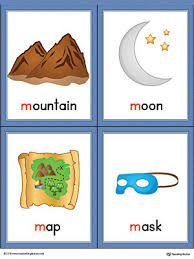 I know a man who is very helpful · map: Letter M Words And Pictures Printable Cards Mountain Moon Map Mask Color Myteachingstation Com