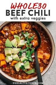 Cover and bring to a boil. Extra Veggie Beef Chili Whole30 No Bean Beef Chili Recipe Recipes Beef Chili