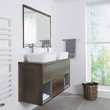 Milano Bexley Dark Oak 1200mm Wall Hung Open Shelf Vanity Unit With Rectangular Countertop Basins Vanity Units Open Shelving Oak Vanity Unit