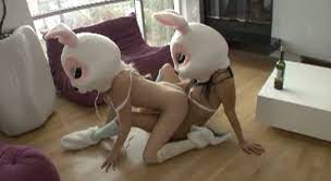 Long legged svelte lesbians in bunny masks enjoy rubbing each other's clits  - AnySex.com Video