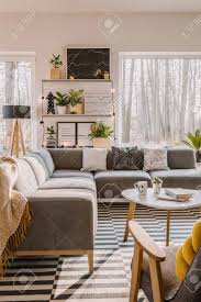 Sofa sectional sofa 2 piece modern contemporary for living room futon sofa bed couches and sofas sleeper sofa modern sofa corner sofa faux leather queen 3.8 out of 5 stars 1,036 $1,109.99 $ 1,109. Grey Corner Sofa In Spacious Bright Living Room Interior With Plants Poster And Lights On Shelves Stock Photo Picture And Royalty Free Image Image 102916590